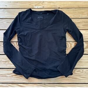ATM Ruched Side Long Sleeve V Neck Top Size Medium Women’s Black